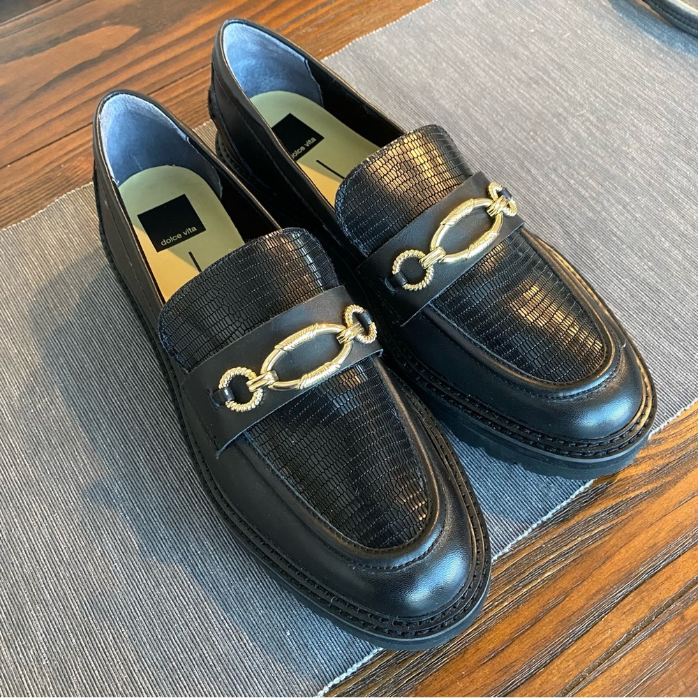 New Dolce Vita Mambo Loafers Black snake effect chunky gold buckle Horsebit
